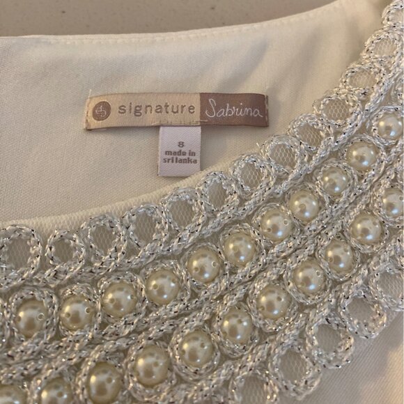 Signature Sabrina Dress Sleeveless Embellished Neckline Layered Skirt Navy White - Picture 3 of 10